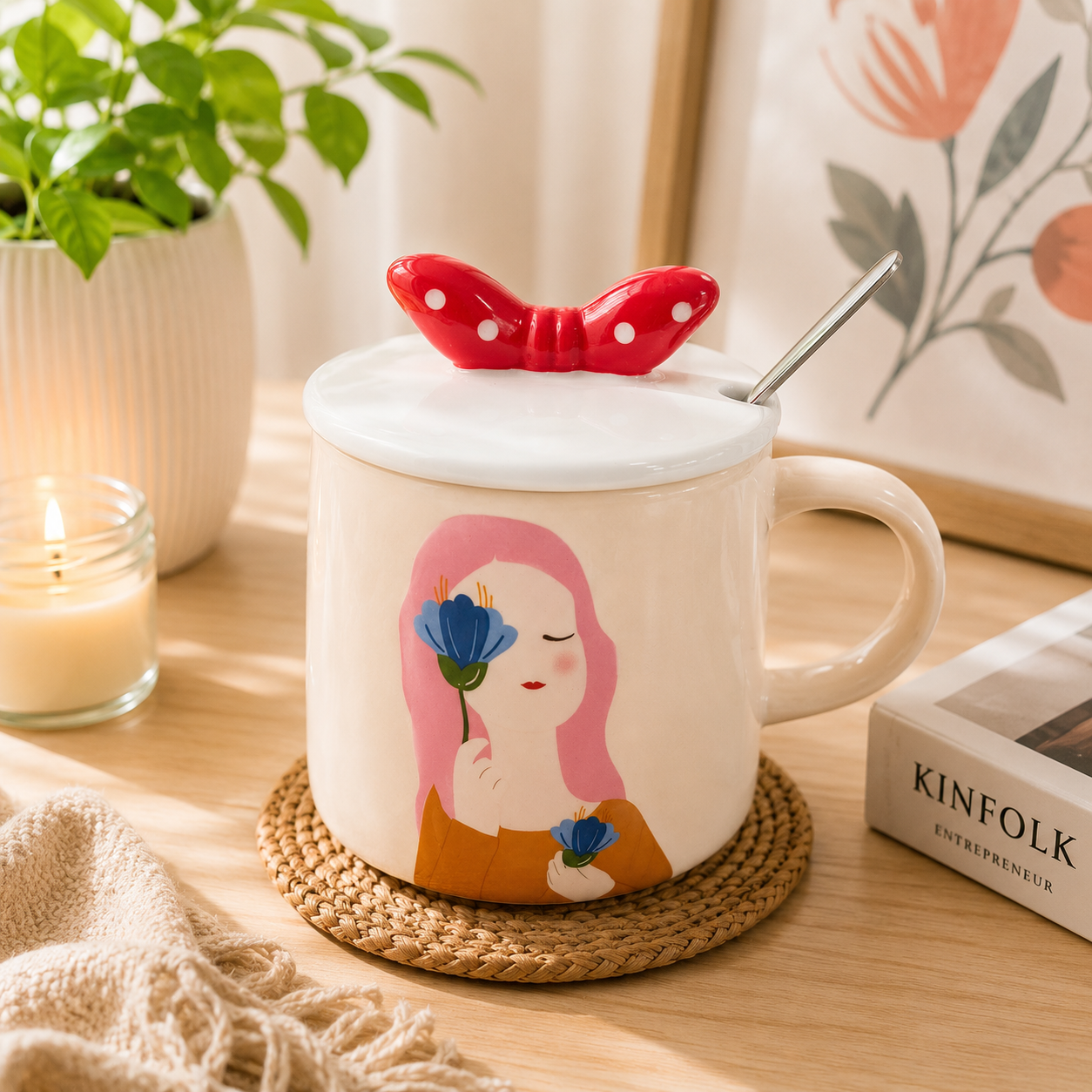Ceramic Coffee Mug with Lid & Spoon | Cute Girl Printed Tea Mug | Large Capacity Coffee Cup for Office & Home | Ceramic Mug for Tea, Coffee & Milk (300ml)