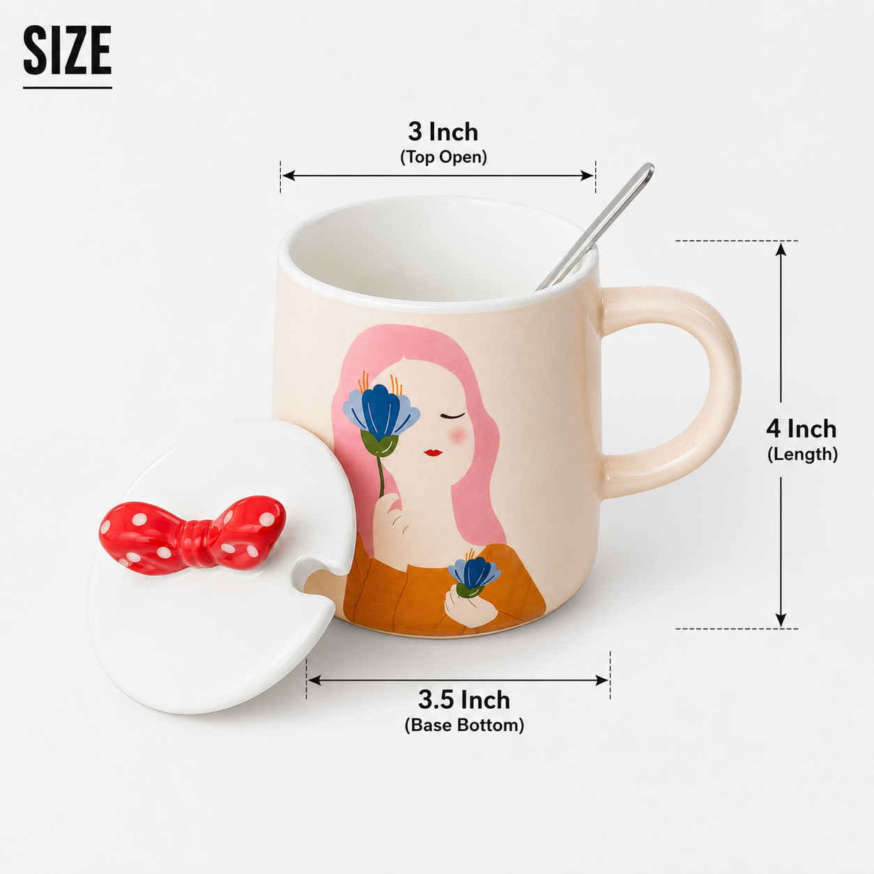Ceramic Coffee Mug with Lid & Spoon | Cute Girl Printed Tea Mug | Large Capacity Coffee Cup for Office & Home | Ceramic Mug for Tea, Coffee & Milk (300ml)