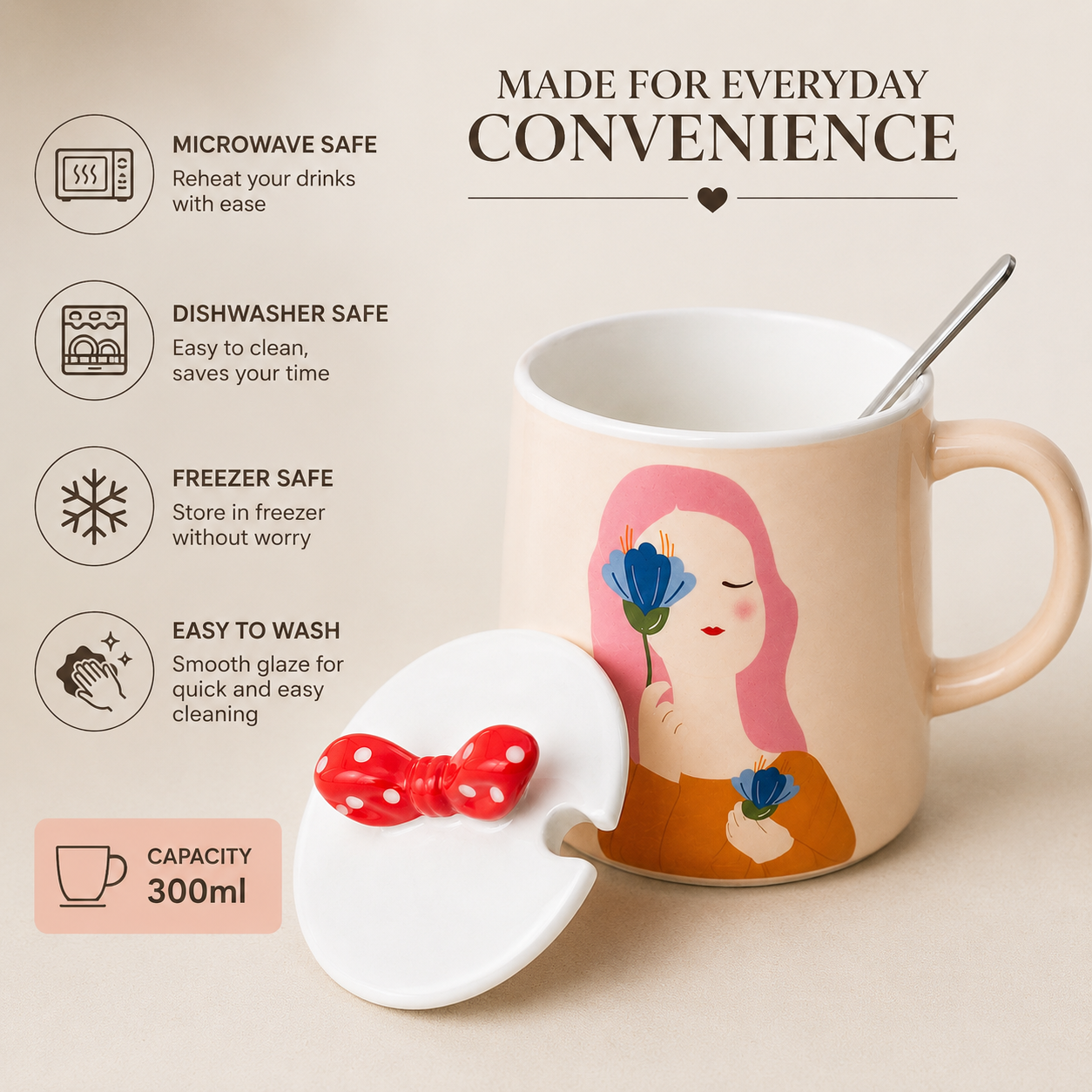 Ceramic Coffee Mug with Lid & Spoon | Cute Girl Printed Tea Mug | Large Capacity Coffee Cup for Office & Home | Ceramic Mug for Tea, Coffee & Milk (300ml)
