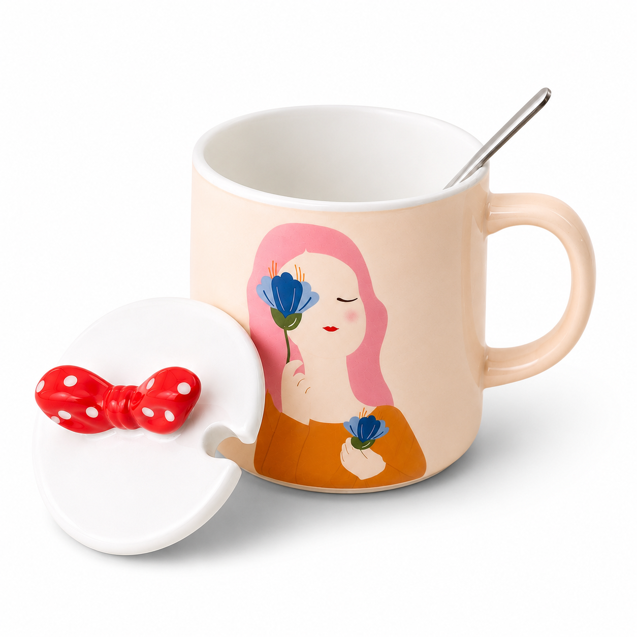 Ceramic Coffee Mug with Lid & Spoon | Cute Girl Printed Tea Mug | Large Capacity Coffee Cup for Office & Home | Ceramic Mug for Tea, Coffee & Milk (300ml)