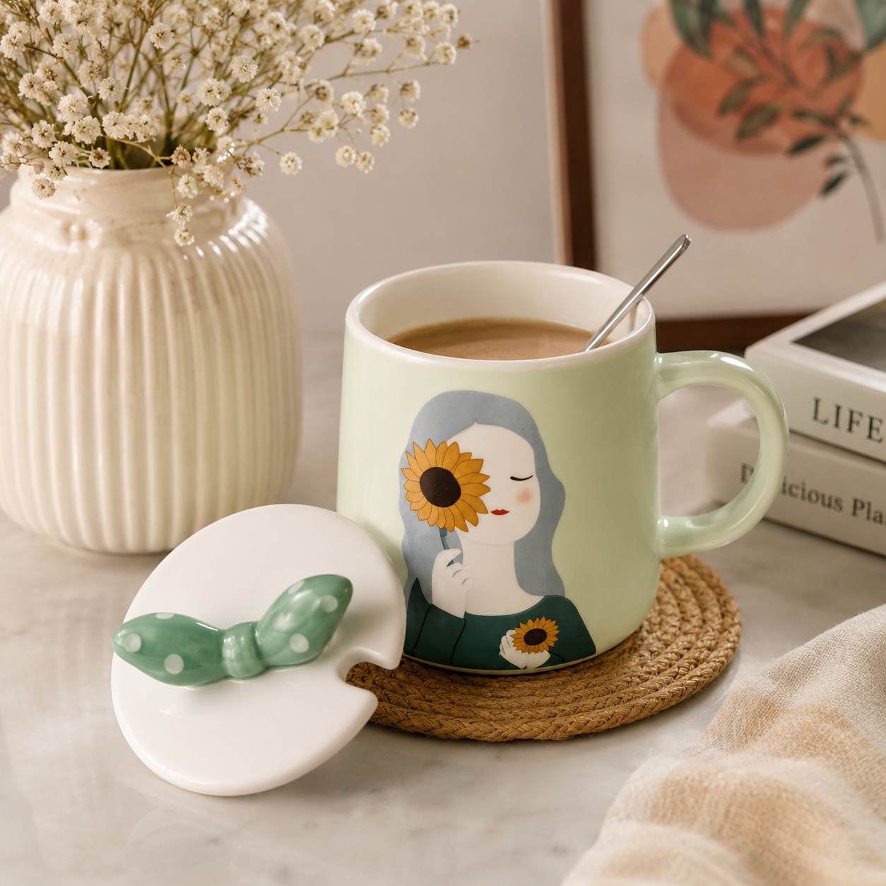 Ceramic Coffee Mug with Lid & Spoon | Cute Girl Printed Tea Mug | Large Capacity Coffee Cup for Office & Home | Ceramic Mug for Tea, Coffee & Milk (300ml - Green)