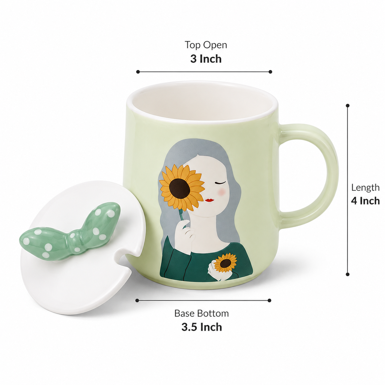Ceramic Coffee Mug with Lid & Spoon | Cute Girl Printed Tea Mug | Large Capacity Coffee Cup for Office & Home | Ceramic Mug for Tea, Coffee & Milk (300ml - Green)
