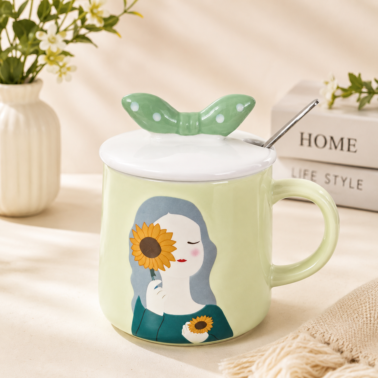 Ceramic Coffee Mug with Lid & Spoon | Cute Girl Printed Tea Mug | Large Capacity Coffee Cup for Office & Home | Ceramic Mug for Tea, Coffee & Milk (300ml - Green)