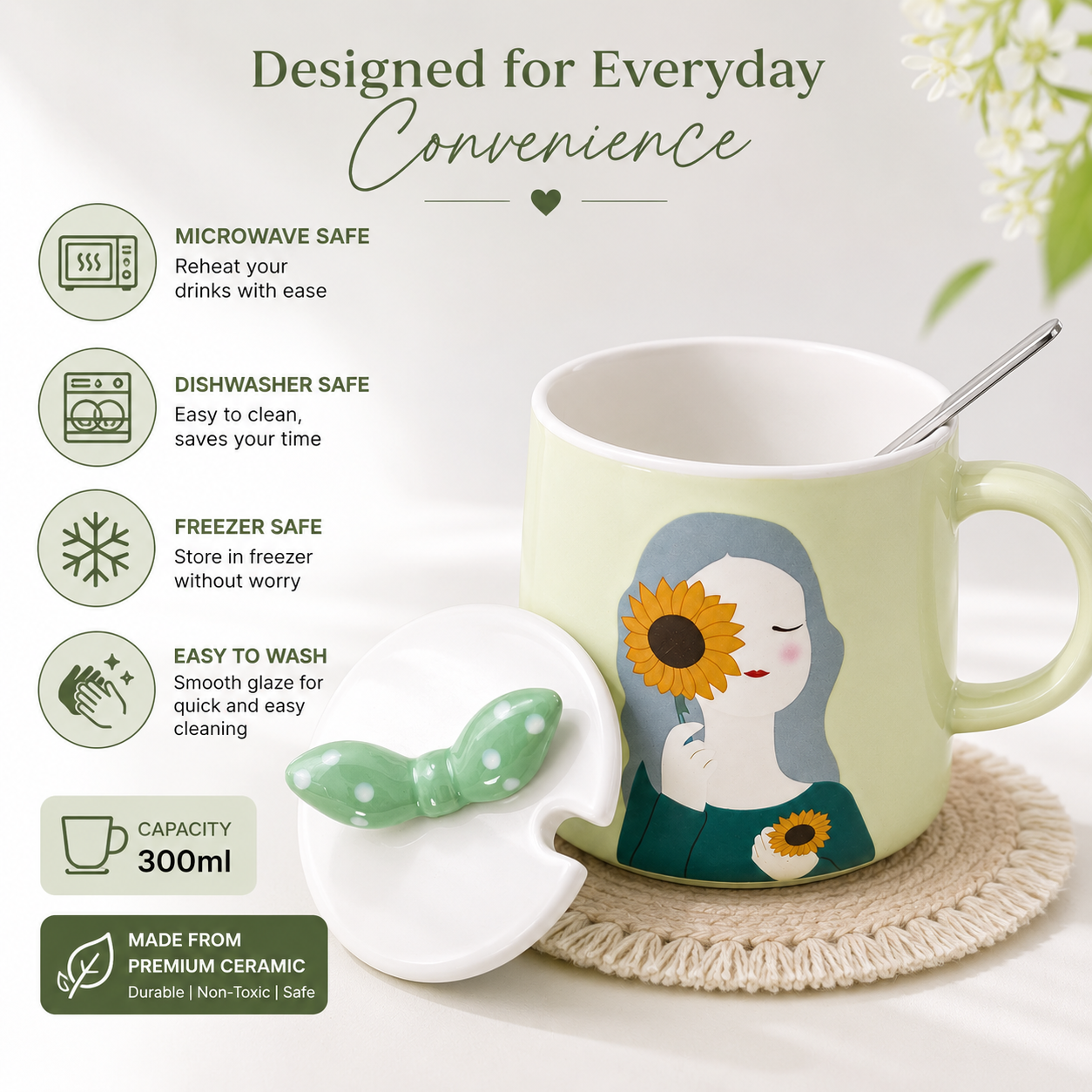 Ceramic Coffee Mug with Lid & Spoon | Cute Girl Printed Tea Mug | Large Capacity Coffee Cup for Office & Home | Ceramic Mug for Tea, Coffee & Milk (300ml - Green)