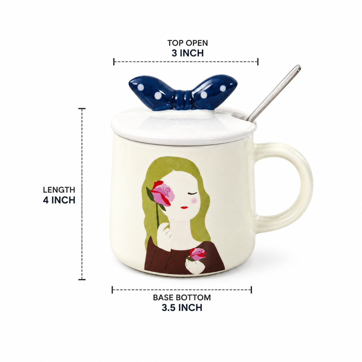 Ceramic Coffee Mug with Lid & Spoon | Cute Girl Printed Tea Mug | Large Capacity Coffee Cup for Office & Home | Ceramic Mug for Tea, Coffee & Milk