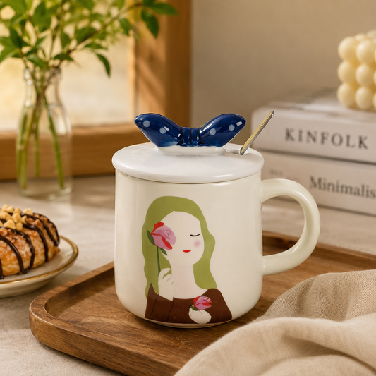 Ceramic Coffee Mug with Lid & Spoon | Cute Girl Printed Tea Mug | Large Capacity Coffee Cup for Office & Home | Ceramic Mug for Tea, Coffee & Milk