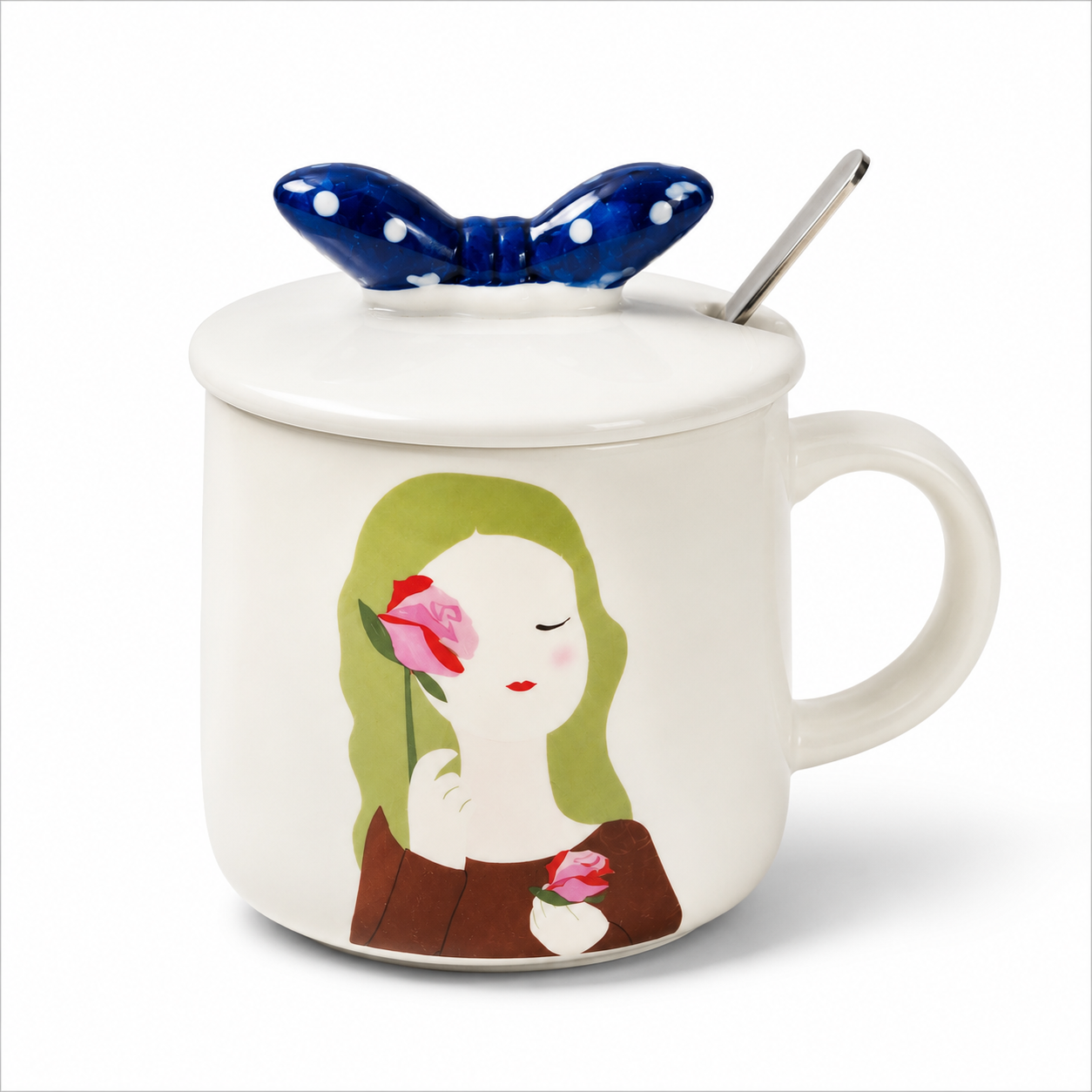 Ceramic Coffee Mug with Lid & Spoon | Cute Girl Printed Tea Mug | Large Capacity Coffee Cup for Office & Home | Ceramic Mug for Tea, Coffee & Milk