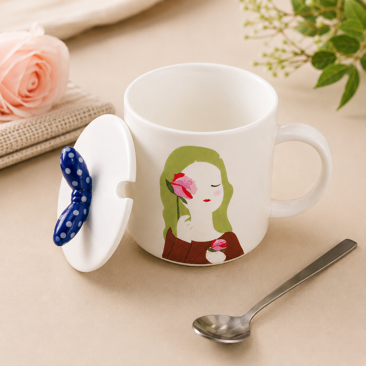Ceramic Coffee Mug with Lid & Spoon | Cute Girl Printed Tea Mug | Large Capacity Coffee Cup for Office & Home | Ceramic Mug for Tea, Coffee & Milk
