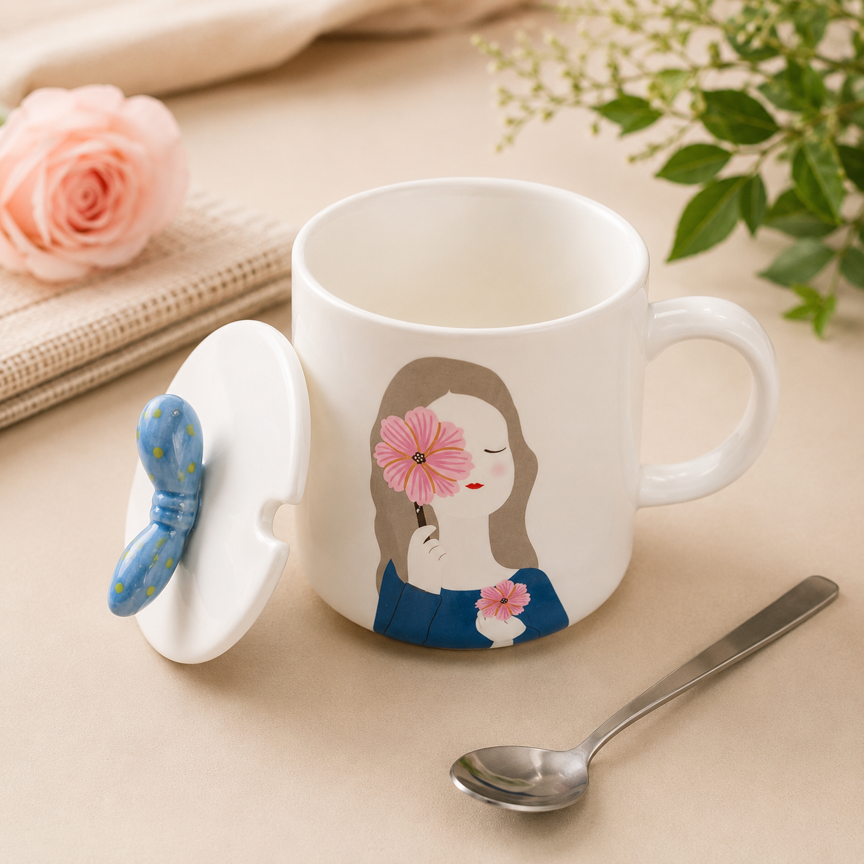 Ceramic Coffee Mug with Lid & Spoon | Cute Girl Printed Tea Mug | Large Capacity Coffee Cup for Office & Home | Ceramic Mug for Tea, Coffee & Milk (300ml - Blue)