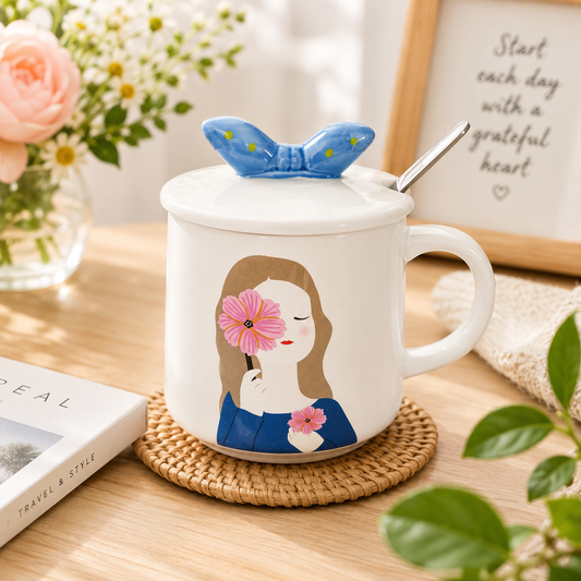 Ceramic Coffee Mug with Lid & Spoon | Cute Girl Printed Tea Mug | Large Capacity Coffee Cup for Office & Home | Ceramic Mug for Tea, Coffee & Milk (300ml - Blue)