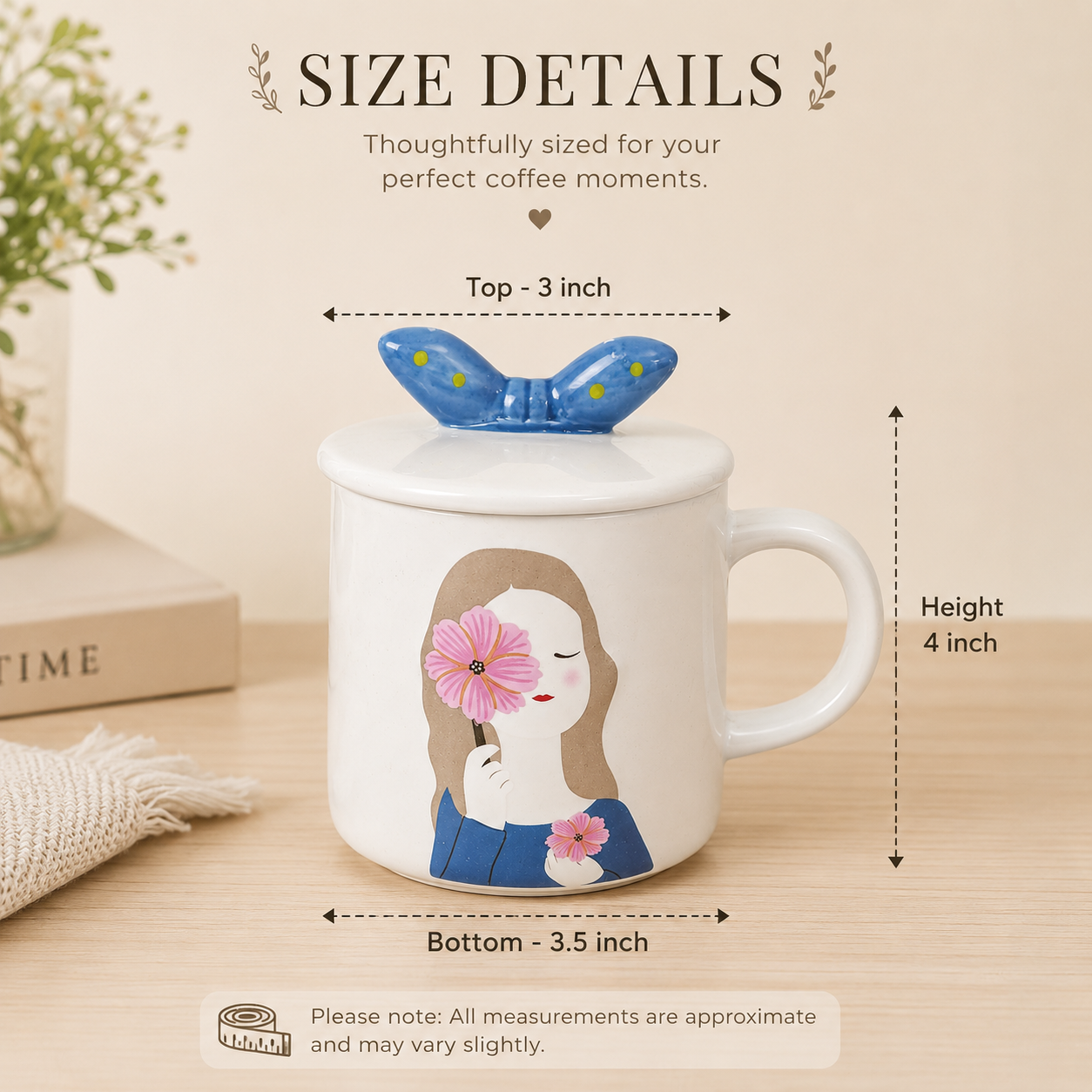 Ceramic Coffee Mug with Lid & Spoon | Cute Girl Printed Tea Mug | Large Capacity Coffee Cup for Office & Home | Ceramic Mug for Tea, Coffee & Milk (300ml - Blue)