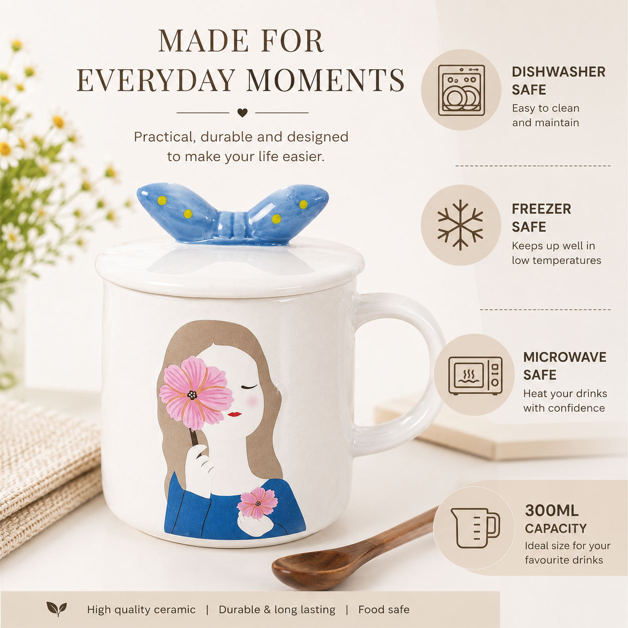 Ceramic Coffee Mug with Lid & Spoon | Cute Girl Printed Tea Mug | Large Capacity Coffee Cup for Office & Home | Ceramic Mug for Tea, Coffee & Milk (300ml - Blue)