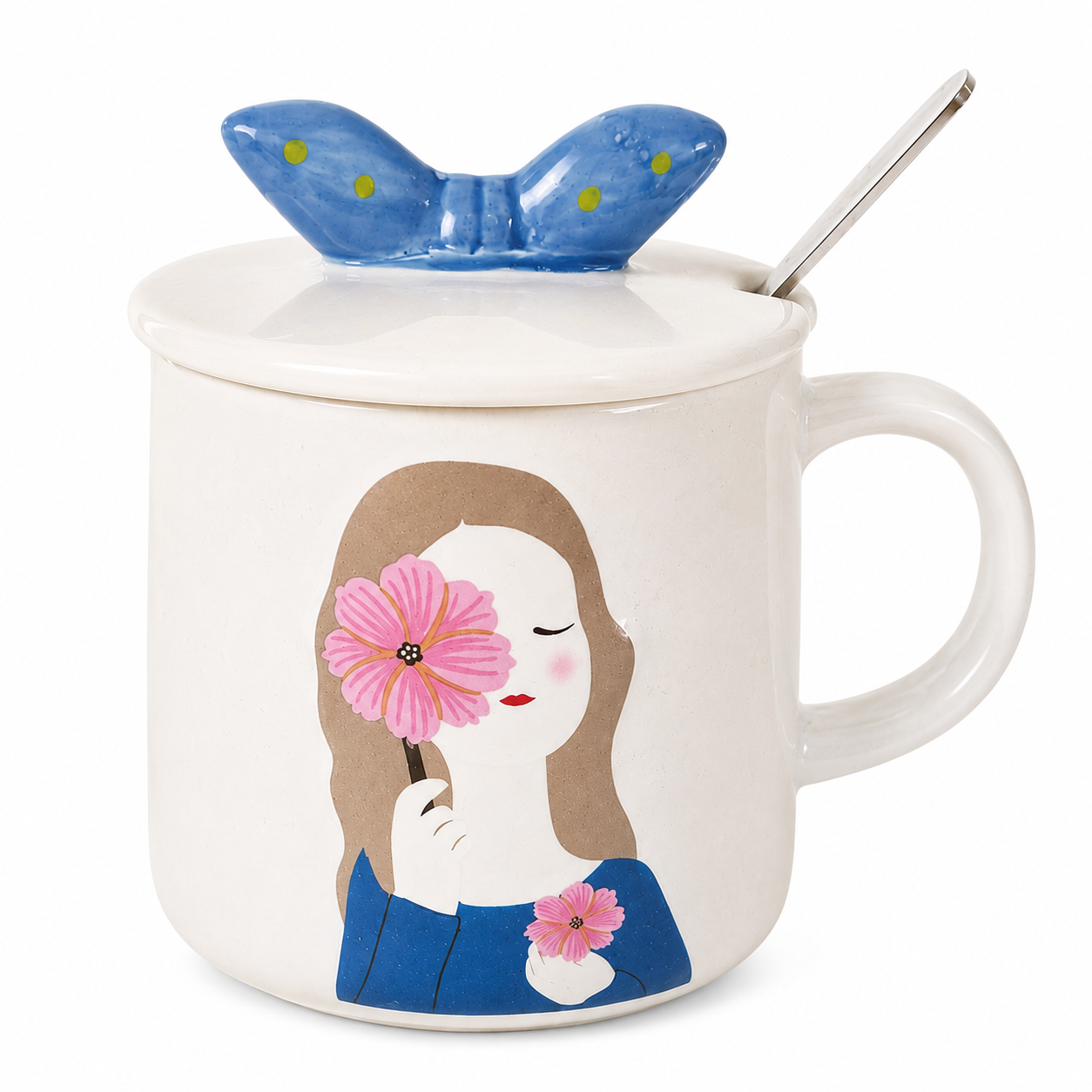 Ceramic Coffee Mug with Lid & Spoon | Cute Girl Printed Tea Mug | Large Capacity Coffee Cup for Office & Home | Ceramic Mug for Tea, Coffee & Milk (300ml - Blue)