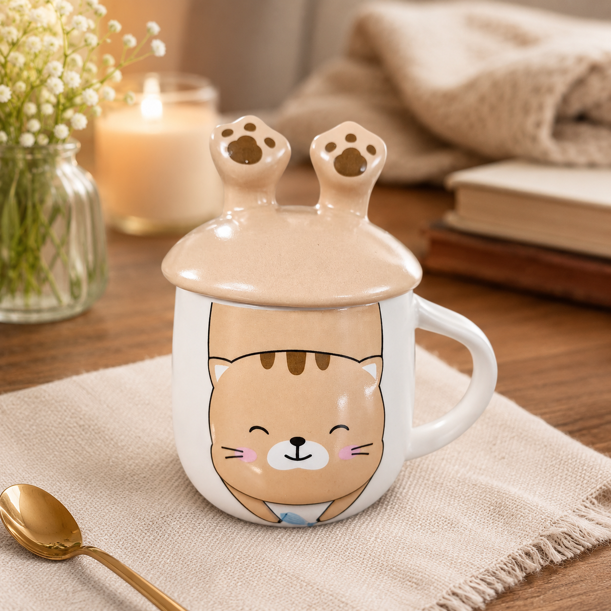 Cute Cat Ears Ceramic Coffee Mug with Lid, Cat Mug for Coffee, Tea & Milk, Cute Coffee Cup with Cover, Ceramic Tea Mug for Home, Office & Gift (400ml - Brown)