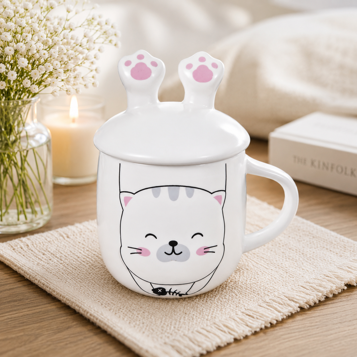 Cute Cat Ears Ceramic Coffee Mug with Lid, Kawaii Cat Mug for Coffee, Tea & Milk, Cute Coffee Cup with Cover, Ceramic Tea Mug for Home, Office & Gift (400ml - White Pink)