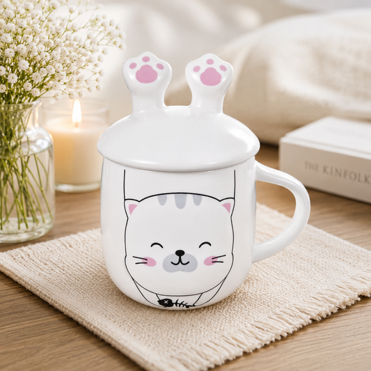 Cute Cat Ears Ceramic Coffee Mug with Lid, Kawaii Cat Mug for Coffee, Tea & Milk, Cute Coffee Cup with Cover, Ceramic Tea Mug for Home, Office & Gift (400ml - White Pink)