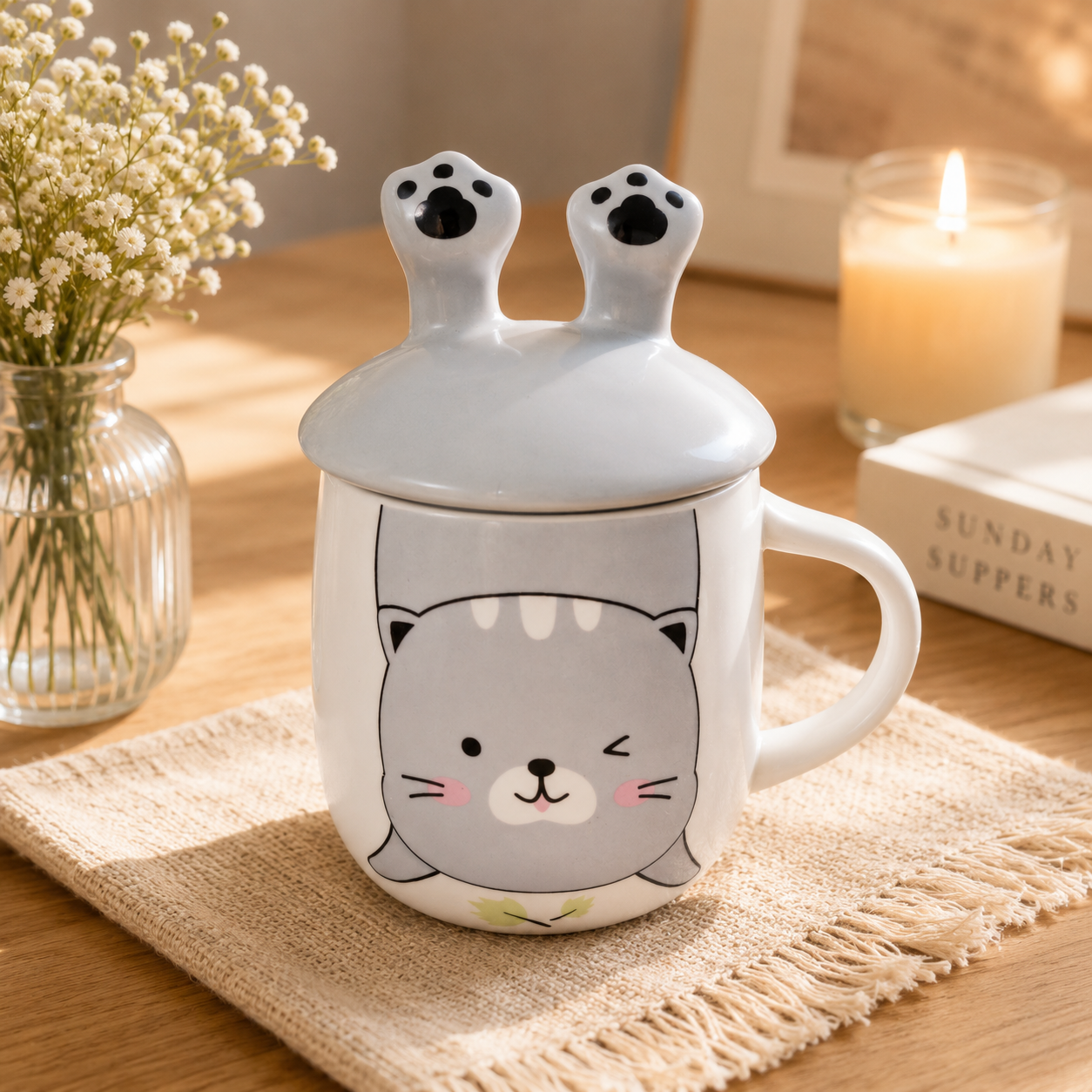 Cute Cat Ears Ceramic Coffee Mug with Lid, Kawaii Cat Mug for Coffee, Tea & Milk, Cute Coffee Cup with Cover, Ceramic Tea Mug for Home, Office & Gift (400ml - Grey)