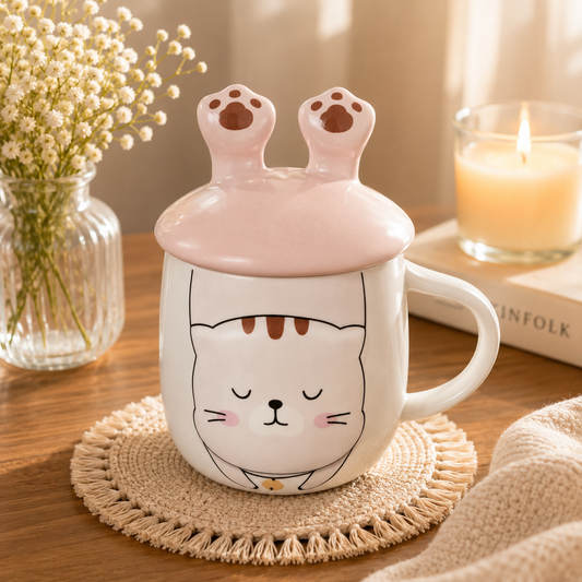 Cute Cat Ears Ceramic Coffee Mug with Lid, Kawaii Cat Mug for Coffee, Tea & Milk, Cute Coffee Cup with Cover, Ceramic Tea Mug for Home, Office & Gift (400ml - Pink)