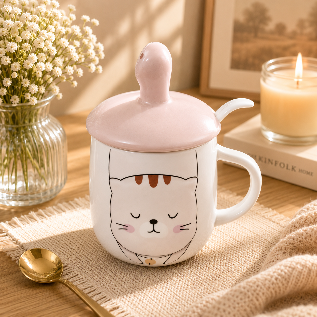 Cute Cat Ears Ceramic Coffee Mug with Lid, Kawaii Cat Mug for Coffee, Tea & Milk, Cute Coffee Cup with Cover, Ceramic Tea Mug for Home, Office & Gift (400ml - Pink)