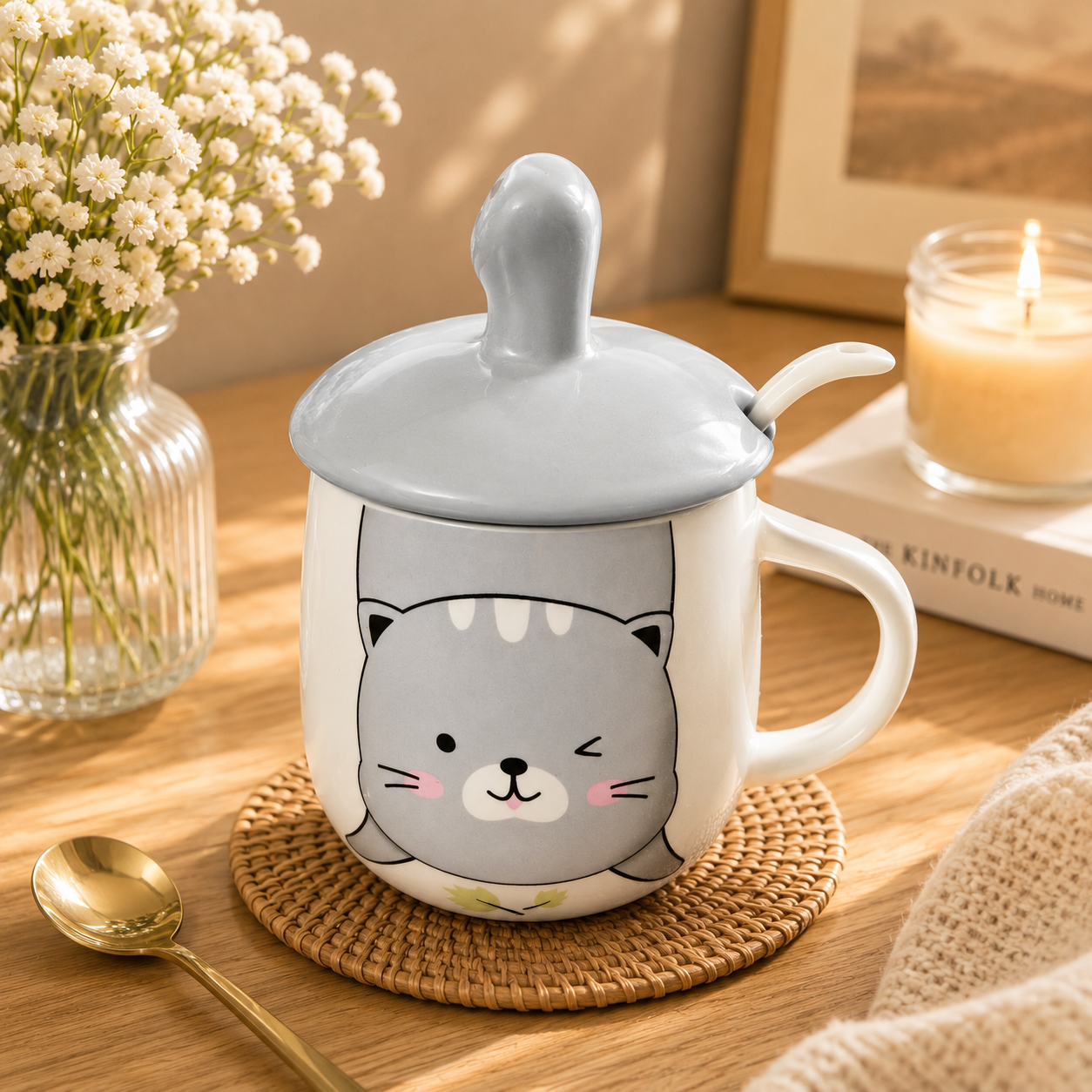 Cute Cat Ears Ceramic Coffee Mug with Lid, Kawaii Cat Mug for Coffee, Tea & Milk, Cute Coffee Cup with Cover, Ceramic Tea Mug for Home, Office & Gift (400ml - Grey)