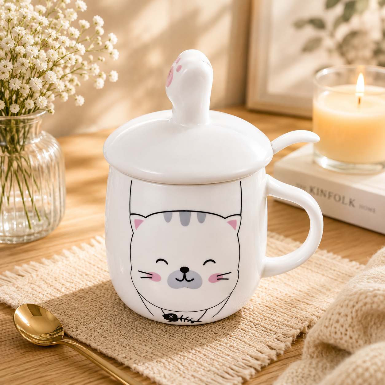 Cute Cat Ears Ceramic Coffee Mug with Lid, Kawaii Cat Mug for Coffee, Tea & Milk, Cute Coffee Cup with Cover, Ceramic Tea Mug for Home, Office & Gift (400ml - White Pink)