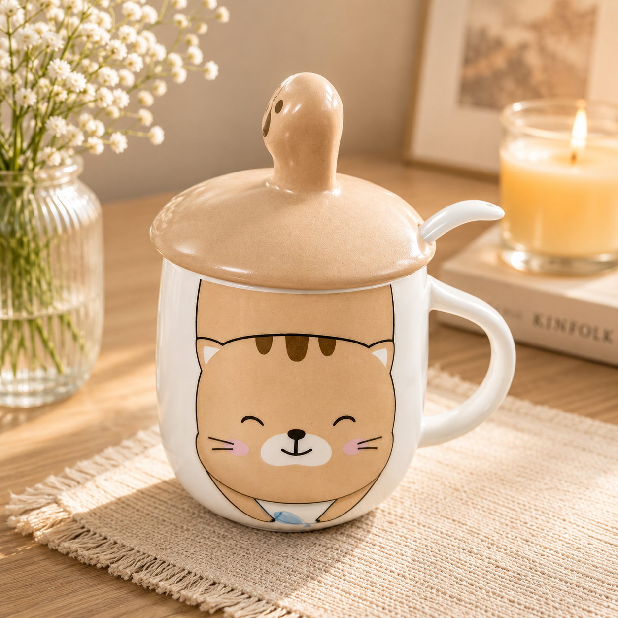 Cute Cat Ears Ceramic Coffee Mug with Lid, Cat Mug for Coffee, Tea & Milk, Cute Coffee Cup with Cover, Ceramic Tea Mug for Home, Office & Gift (400ml - Brown)