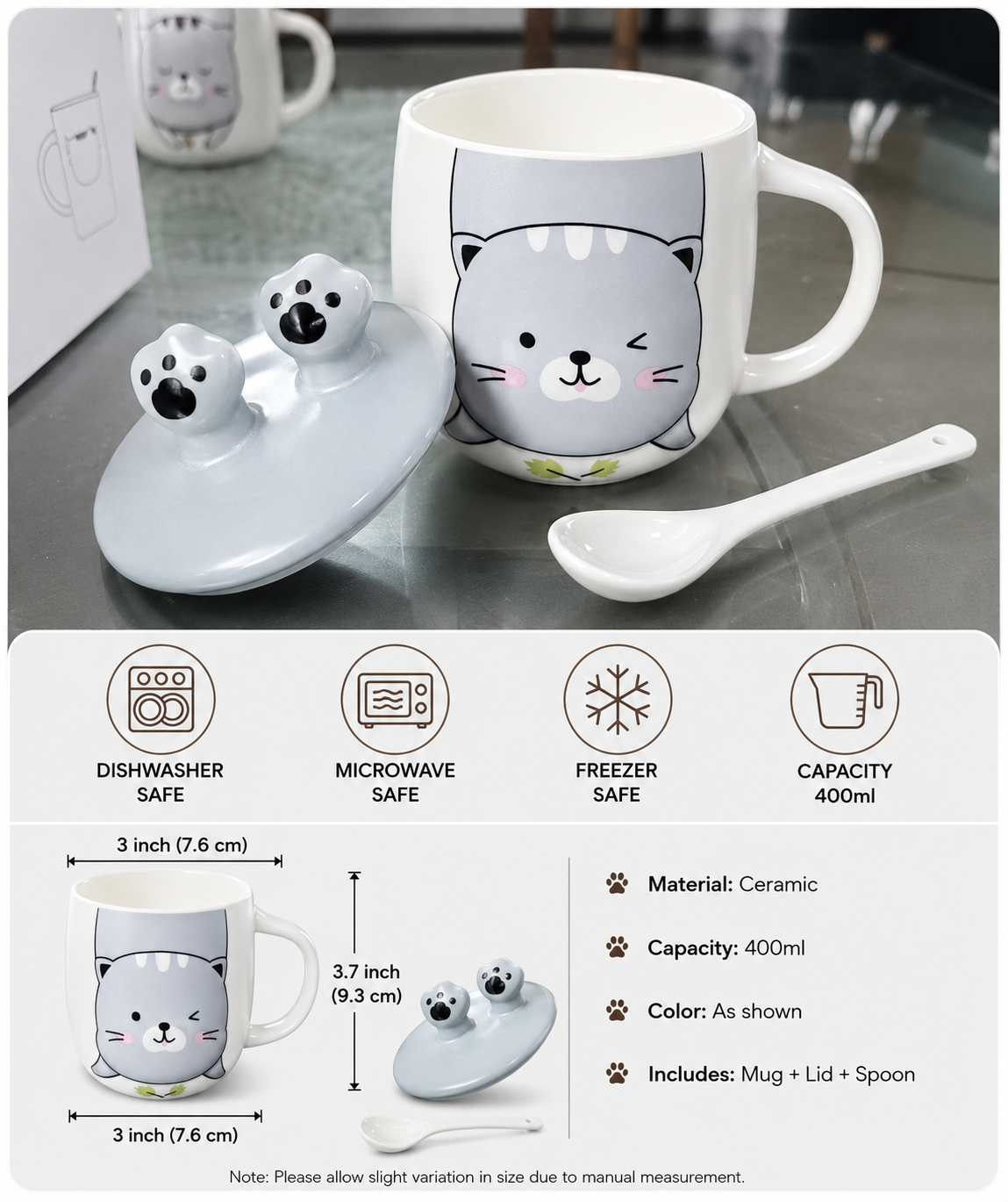Cute Cat Ears Ceramic Coffee Mug with Lid, Kawaii Cat Mug for Coffee, Tea & Milk, Cute Coffee Cup with Cover, Ceramic Tea Mug for Home, Office & Gift (400ml - Grey)