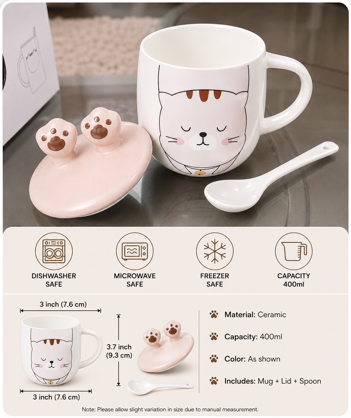 Cute Cat Ears Ceramic Coffee Mug with Lid, Kawaii Cat Mug for Coffee, Tea & Milk, Cute Coffee Cup with Cover, Ceramic Tea Mug for Home, Office & Gift (400ml - Pink)