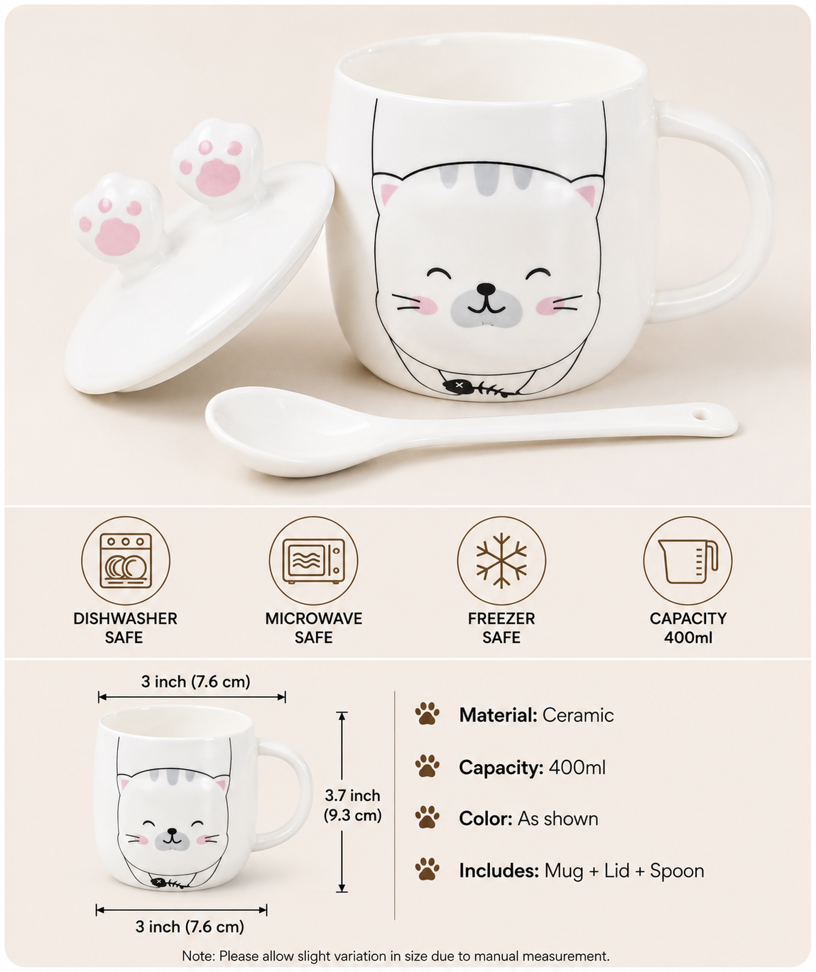 Cute Cat Ears Ceramic Coffee Mug with Lid, Kawaii Cat Mug for Coffee, Tea & Milk, Cute Coffee Cup with Cover, Ceramic Tea Mug for Home, Office & Gift (400ml - White Pink)