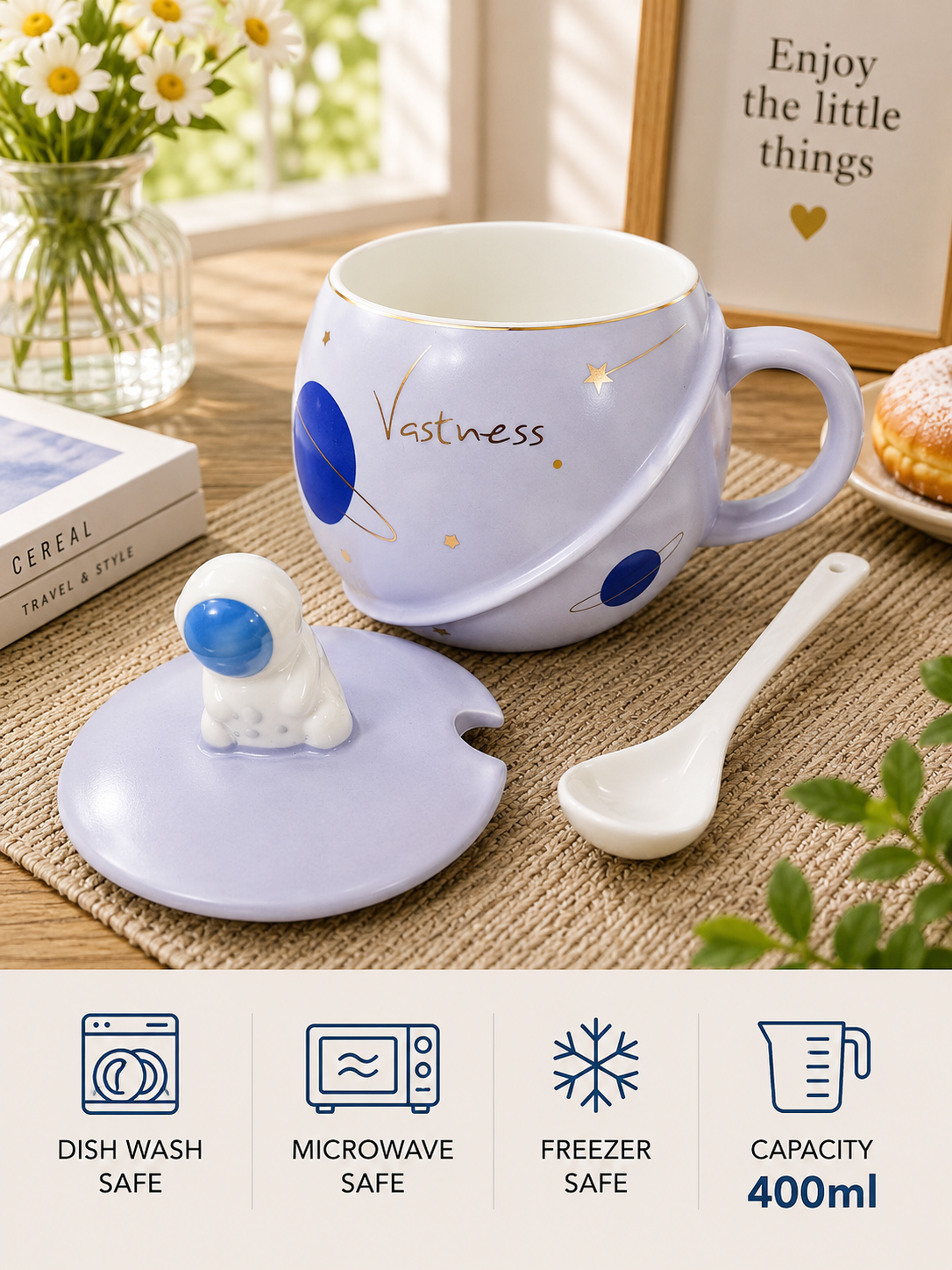 3D Astronaut Ceramic Mug with Lid and Spoon | Planet Coffee Mug for Tea, Coffee, Milk & Hot Chocolate | Cute Space Coffee Cup Gift (400ml - Light Lavender)