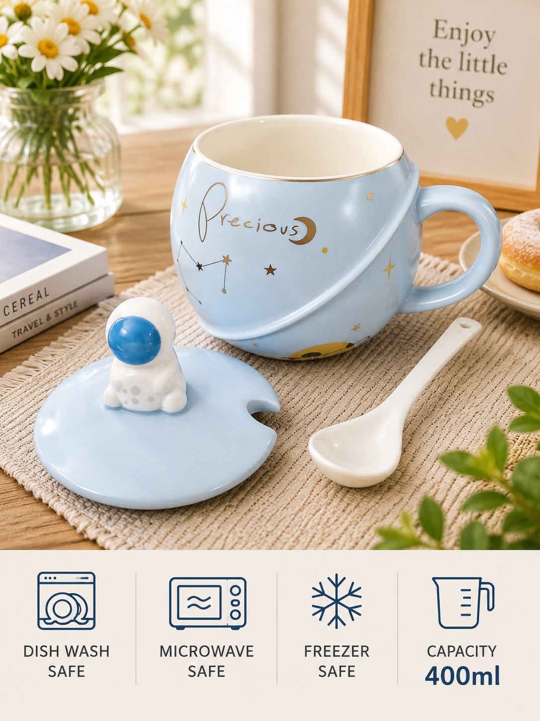 3D Astronaut Ceramic Mug with Lid and Spoon | Planet Coffee Mug for Tea, Coffee, Milk & Hot Chocolate | Cute Space Coffee Cup Gift (400ml - Light Blue)