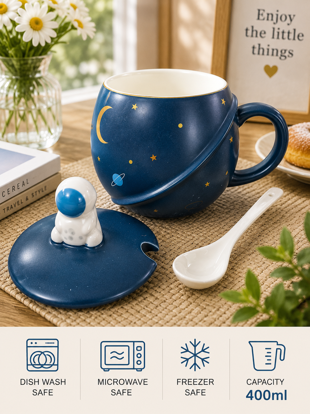 3D Astronaut Ceramic Mug with Lid and Spoon | Planet Coffee Mug for Tea, Coffee, Milk & Hot Chocolate | Cute Space Coffee Cup Gift (400ml - Blue)