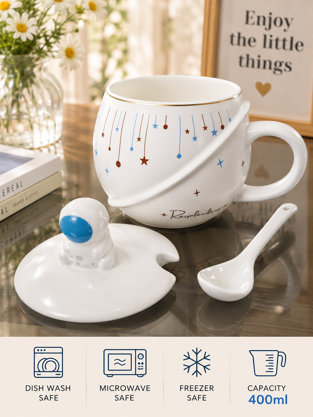 3D Astronaut Ceramic Mug with Lid and Spoon | Planet Coffee Mug for Tea, Coffee, Milk & Hot Chocolate | Cute Space Coffee Cup Gift (400ml - White)