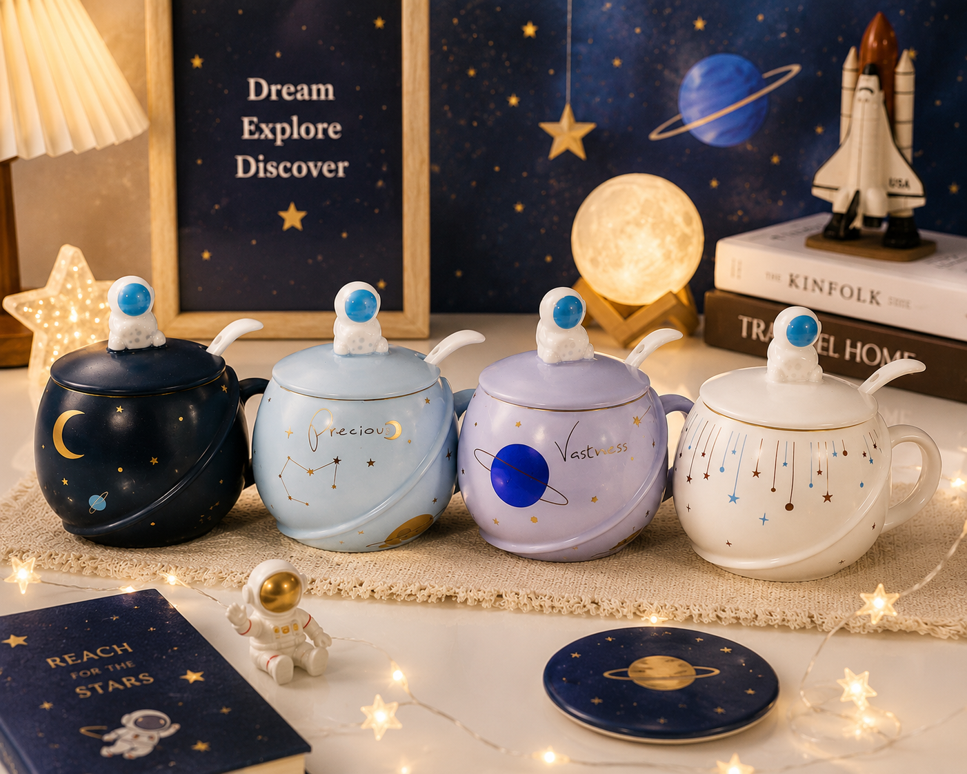 3D Astronaut Ceramic Mug with Lid and Spoon | Planet Coffee Mug for Tea, Coffee, Milk & Hot Chocolate | Cute Space Coffee Cup Gift (400ml - Light Blue)