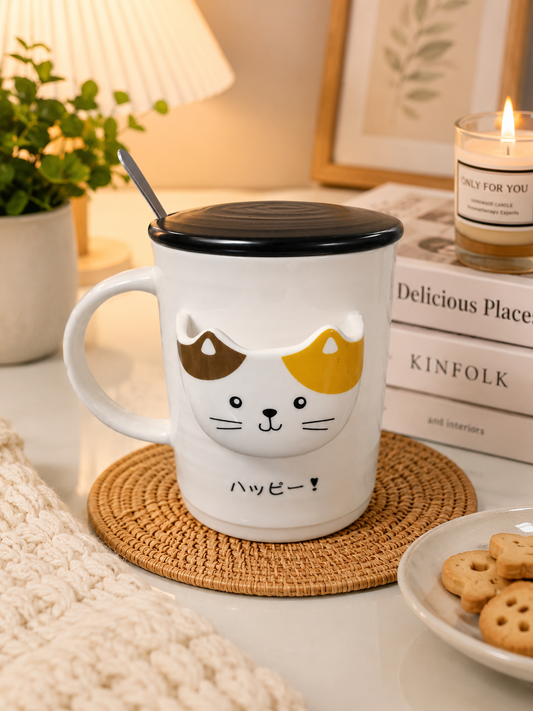 Eleven to Eleven Cute Cat Ceramic Mug with Lid and Spoon | Coffee & Tea Mug | Large Capacity Ceramic Cup | Office Desk Mug | Gift for Women, Men & Cat Lovers (400ml - Multicolour)