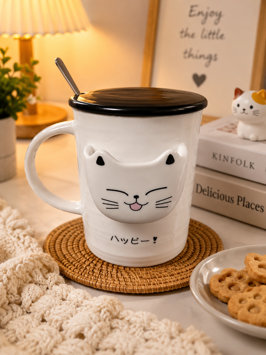Eleven to Eleven Cute Cat Ceramic Mug with Lid and Spoon | Coffee & Tea Mug | Large Capacity Ceramic Cup | Office Desk Mug | Gift for Women, Men & Cat Lovers (400ml - Black)