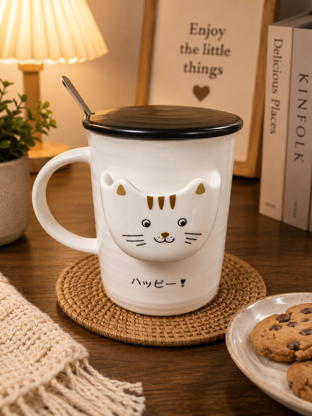 Eleven to Eleven Cute Cat Ceramic Mug with Lid and Spoon | Coffee & Tea Mug | Large Capacity Ceramic Cup | Office Desk Mug | Gift for Women, Men & Cat Lovers (400ml - Brown)