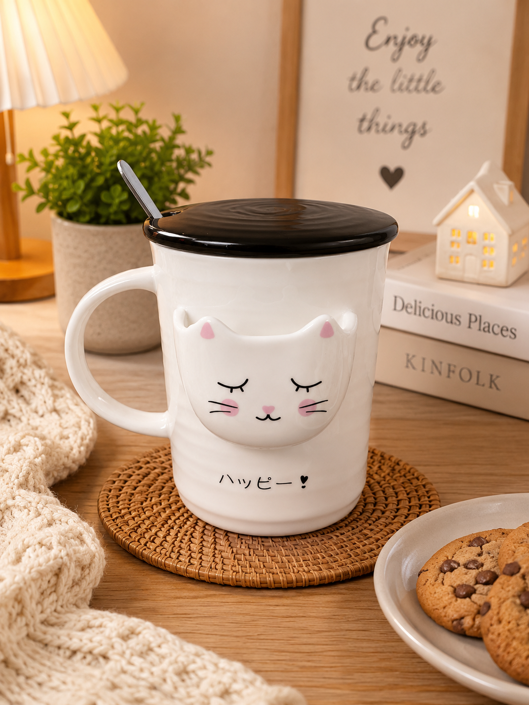 Eleven to Eleven Cute Cat Ceramic Mug with Lid and Spoon | Coffee & Tea Mug | Large Capacity Ceramic Cup | Office Desk Mug | Gift for Women, Men & Cat Lovers (400ml - Pink)