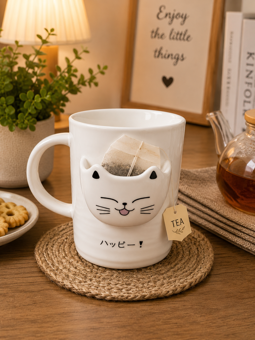 Eleven to Eleven Cute Cat Ceramic Mug with Lid and Spoon | Coffee & Tea Mug | Large Capacity Ceramic Cup | Office Desk Mug | Gift for Women, Men & Cat Lovers (400ml - Black)