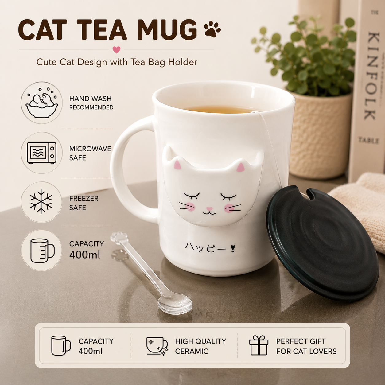 Eleven to Eleven Cute Cat Ceramic Mug with Lid and Spoon | Coffee & Tea Mug | Large Capacity Ceramic Cup | Office Desk Mug | Gift for Women, Men & Cat Lovers (400ml - Pink)