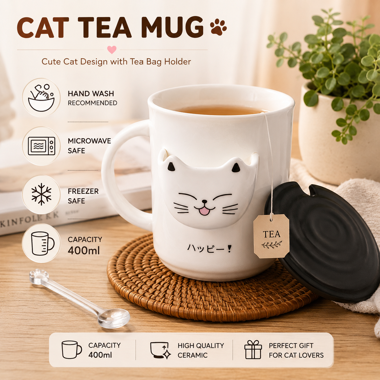 Eleven to Eleven Cute Cat Ceramic Mug with Lid and Spoon | Coffee & Tea Mug | Large Capacity Ceramic Cup | Office Desk Mug | Gift for Women, Men & Cat Lovers (400ml - Black)