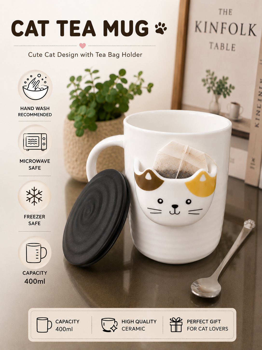 Eleven to Eleven Cute Cat Ceramic Mug with Lid and Spoon | Coffee & Tea Mug | Large Capacity Ceramic Cup | Office Desk Mug | Gift for Women, Men & Cat Lovers (400ml - Multicolour)