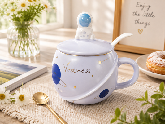 3D Astronaut Ceramic Mug with Lid and Spoon | Planet Coffee Mug for Tea, Coffee, Milk & Hot Chocolate | Cute Space Coffee Cup Gift (400ml - Light Lavender)