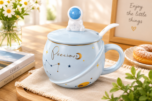 3D Astronaut Ceramic Mug with Lid and Spoon | Planet Coffee Mug for Tea, Coffee, Milk & Hot Chocolate | Cute Space Coffee Cup Gift (400ml - Light Blue)