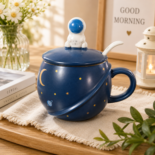 3D Astronaut Ceramic Mug with Lid and Spoon | Planet Coffee Mug for Tea, Coffee, Milk & Hot Chocolate | Cute Space Coffee Cup Gift (400ml - Blue)