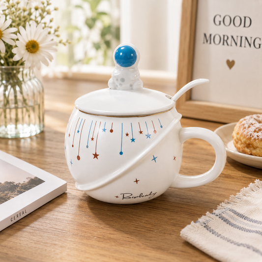 3D Astronaut Ceramic Mug with Lid and Spoon | Planet Coffee Mug for Tea, Coffee, Milk & Hot Chocolate | Cute Space Coffee Cup Gift (400ml - White)