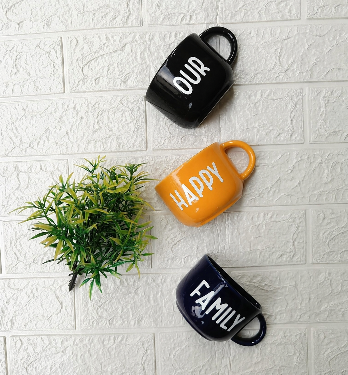 Our Happy Family Hanging Mug Planter Wall Decor with Artificial Succulents – Farmhouse Vertical Wall Art for Kitchen, Living Room, Entryway, Coffee Bar & Home Decoration