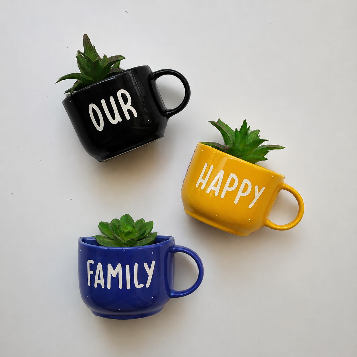 Our Happy Family Hanging Mug Planter Wall Decor with Artificial Succulents – Farmhouse Vertical Wall Art for Kitchen, Living Room, Entryway, Coffee Bar & Home Decoration