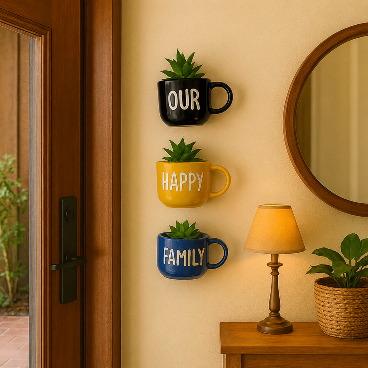 Our Happy Family Hanging Mug Planter Wall Decor with Artificial Succulents – Farmhouse Vertical Wall Art for Kitchen, Living Room, Entryway, Coffee Bar & Home Decoration