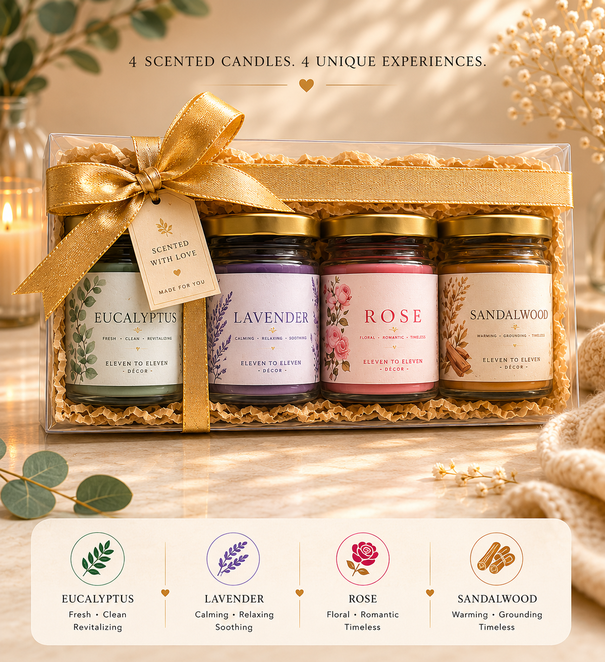 The Slow Living Collection – Discovery Set | A Curated Set of Four Handcrafted Scented Candles | 100g Each | Lavender, Rose, Eucalyptus & Sandalwood